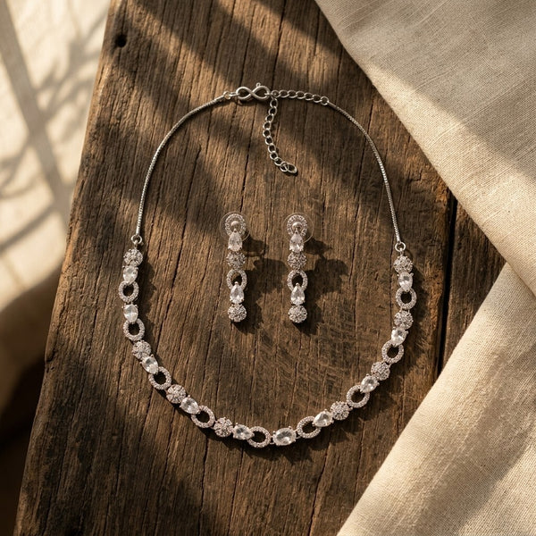 Silver Plated American Diamond Necklace Set with Drop Earrings for Women