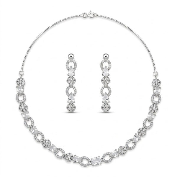 Silver Plated American Diamond Necklace Set with Drop Earrings for Women