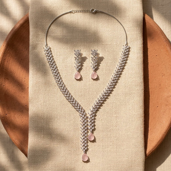 Pink Stone Silver Plated American Diamond Necklace Set with Earrings for Women