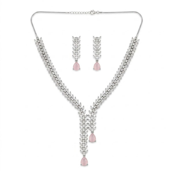 Pink Stone Silver Plated American Diamond Necklace Set with Earrings for Women