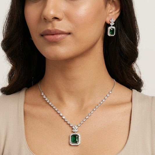 Green Stone American Diamond Necklace & Earrings Set | Wedding & Party Wear Jewellery