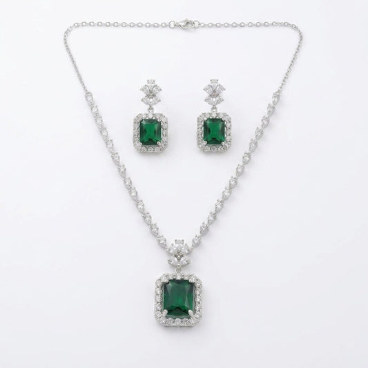 Green Stone American Diamond Necklace & Earrings Set | Wedding & Party Wear Jewellery