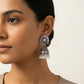 Oxidised Silver-Plated Yellow Stone & Pearl Drop Ethnic Jhumka Earrings
