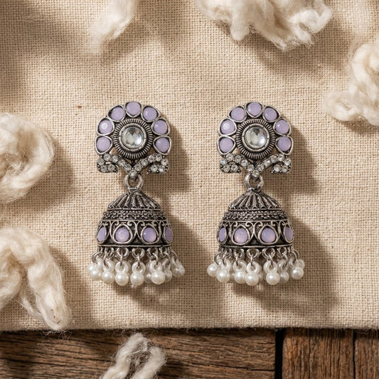 Oxidised Silver-Plated Yellow Stone & Pearl Drop Ethnic Jhumka Earrings