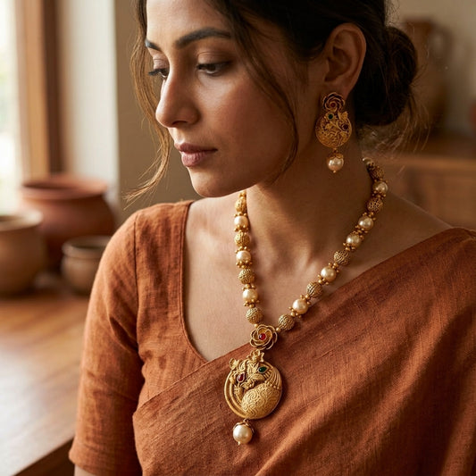 Traditional Gold Plated Pearl Pendant Necklace Set with Earrings