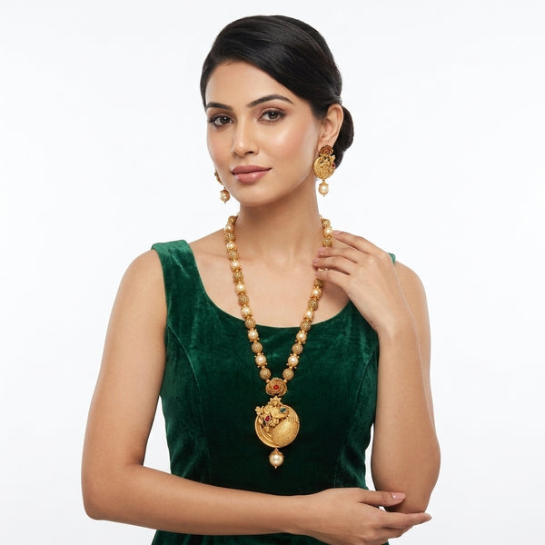 Traditional Gold Plated Pearl Pendant Necklace Set with Earrings