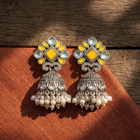 Oxidised Silver-Plated Yellow Stone & Pearl Drop Ethnic Jhumka Earrings