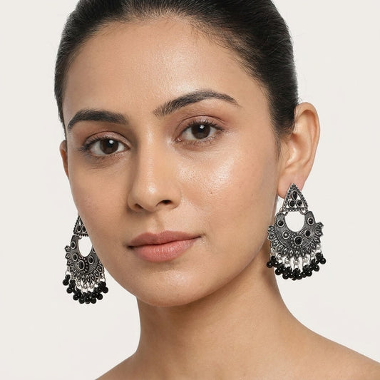 Oxidised Silver-Plated Turquoise Stone & Beaded Ethnic Chandbali Earrings
