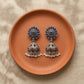 Silver-Toned Blue Stone Oxidised Jhumka Earrings with Pearl Drops for Women