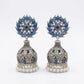 Silver-Toned Blue Stone Oxidised Jhumka Earrings with Pearl Drops for Women
