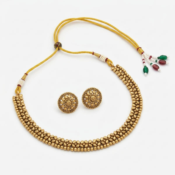 Gold-Toned Traditional Beaded Choker Necklace Set with Stud Earrings for Women