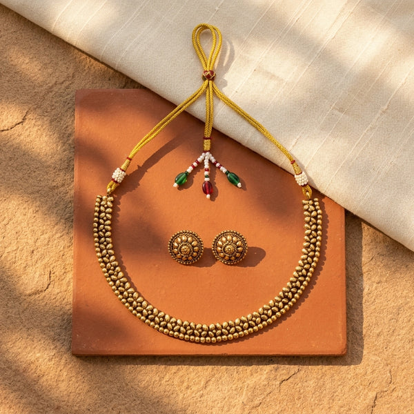 Gold-Toned Traditional Beaded Choker Necklace Set with Stud Earrings for Women