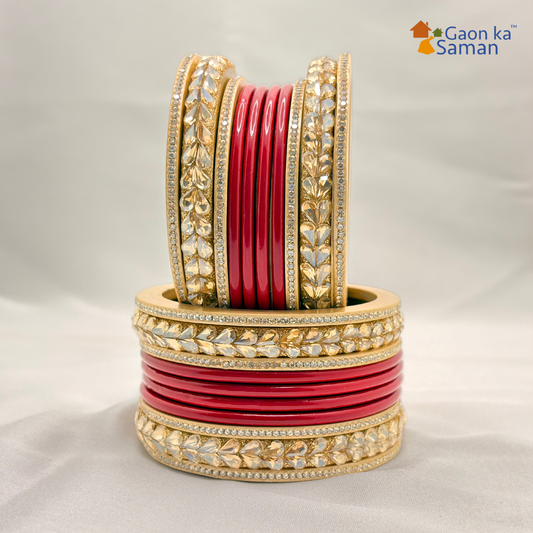 Karva Chauth Special Rajasthani Lac Bangles Set, Red and Cream Colour with Crystal Work, Traditional Lakh Chuda,20 Pieces