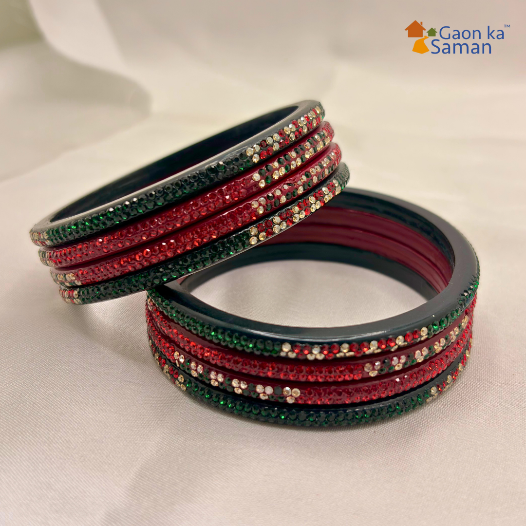 Karva Chauth Special Rajasthani Lac Bangles Set, Red and Green Colour with Crystal Work, Traditional Lakh Chuda, 8 Pieces