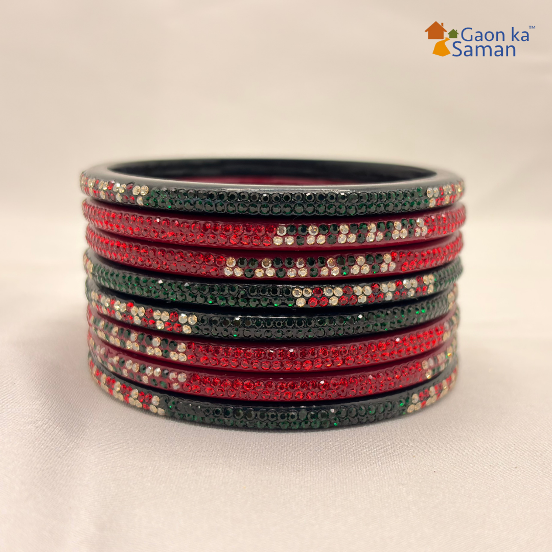 Karva Chauth Special Rajasthani Lac Bangles Set, Red and Green Colour with Crystal Work, Traditional Lakh Chuda, 8 Pieces