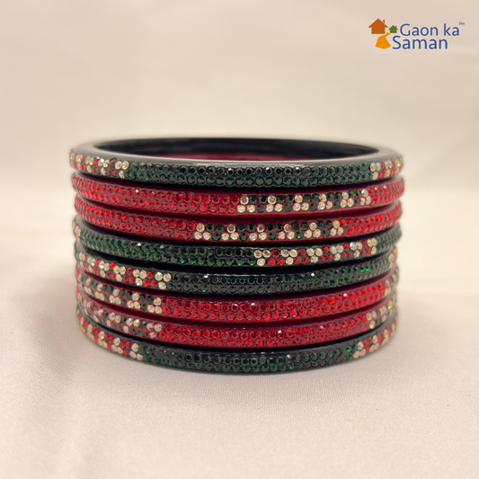 Karva Chauth Special Rajasthani Lac Bangles Set, Red and Green Colour with Crystal Work, Traditional Lakh Chuda, 8 Pieces