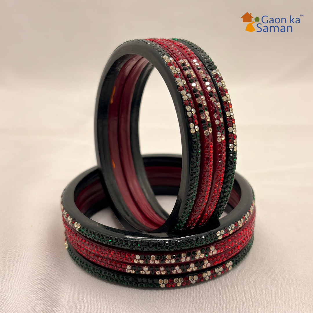 Karva Chauth Special Rajasthani Lac Bangles Set, Red and Green Colour with Crystal Work, Traditional Lakh Chuda, 8 Pieces