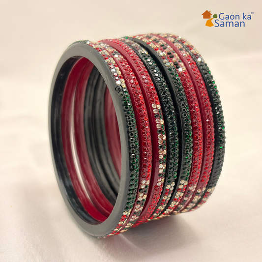 Karva Chauth Special Rajasthani Lac Bangles Set, Red and Green Colour with Crystal Work, Traditional Lakh Chuda, 8 Pieces