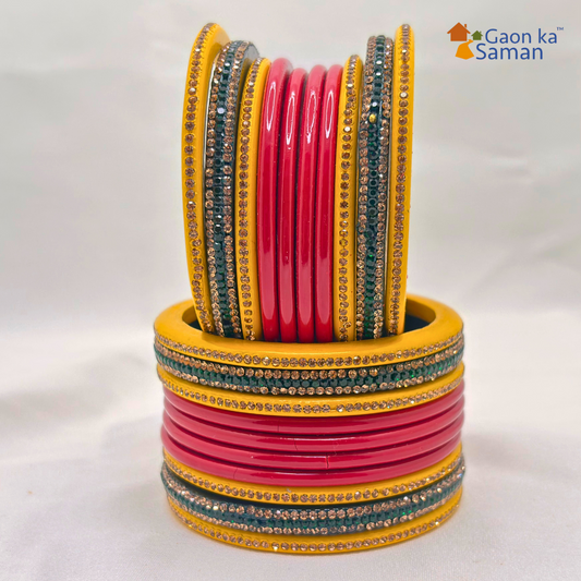 Karva Chauth Special Rajasthani Lac Bangles Set, Red Green and Yellow Colour with Crystal Work, Traditional Lakh Chuda, 20 Pieces