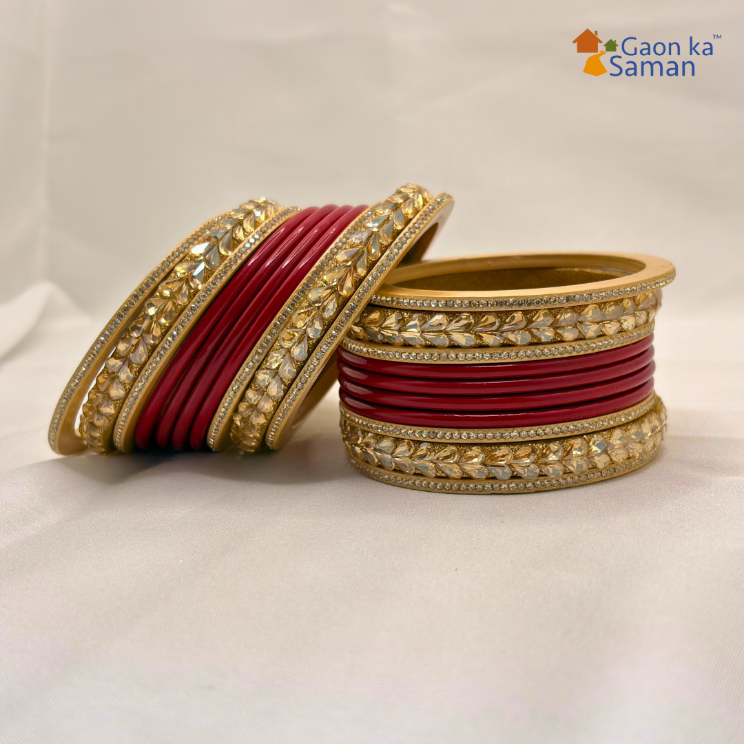 Karva Chauth Special Rajasthani Lac Bangles Set, Red and Cream Colour with Crystal Work, Traditional Lakh Chuda,20 Pieces