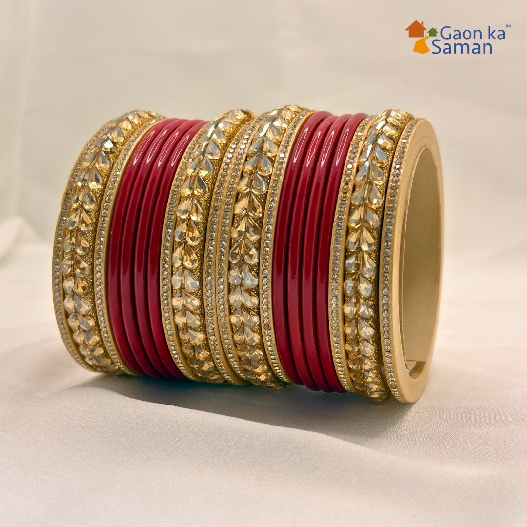 Karva Chauth Special Rajasthani Lac Bangles Set, Red and Cream Colour with Crystal Work, Traditional Lakh Chuda,20 Pieces