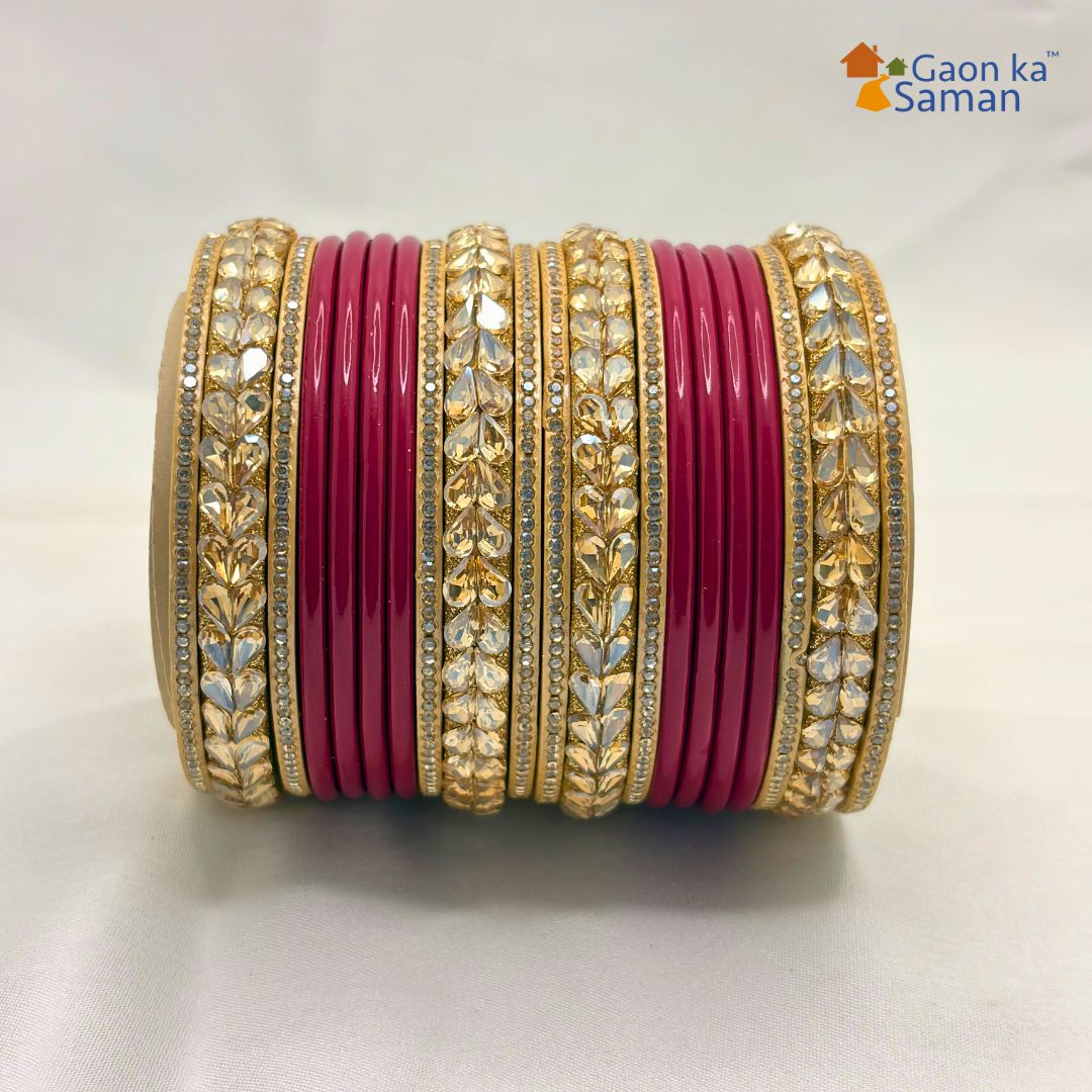 Karva Chauth Special Rajasthani Lac Bangles Set, Red and Cream Colour with Crystal Work, Traditional Lakh Chuda,20 Pieces