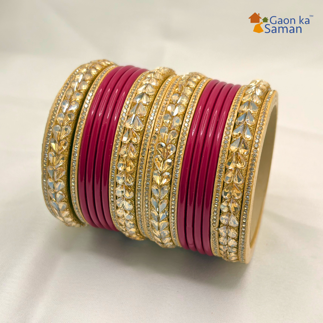 Karva Chauth Special Rajasthani Lac Bangles Set, Red and Cream Colour with Crystal Work, Traditional Lakh Chuda,20 Pieces