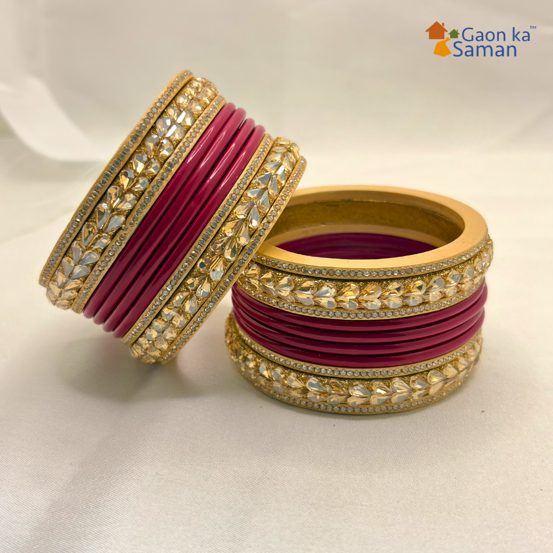 Karva Chauth Special Rajasthani Lac Bangles Set, Red and Cream Colour with Crystal Work, Traditional Lakh Chuda,20 Pieces